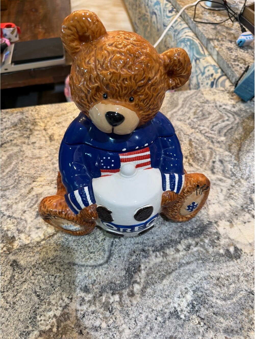 Vintage Oreo Bear Cookie Jar with Blue Sweater